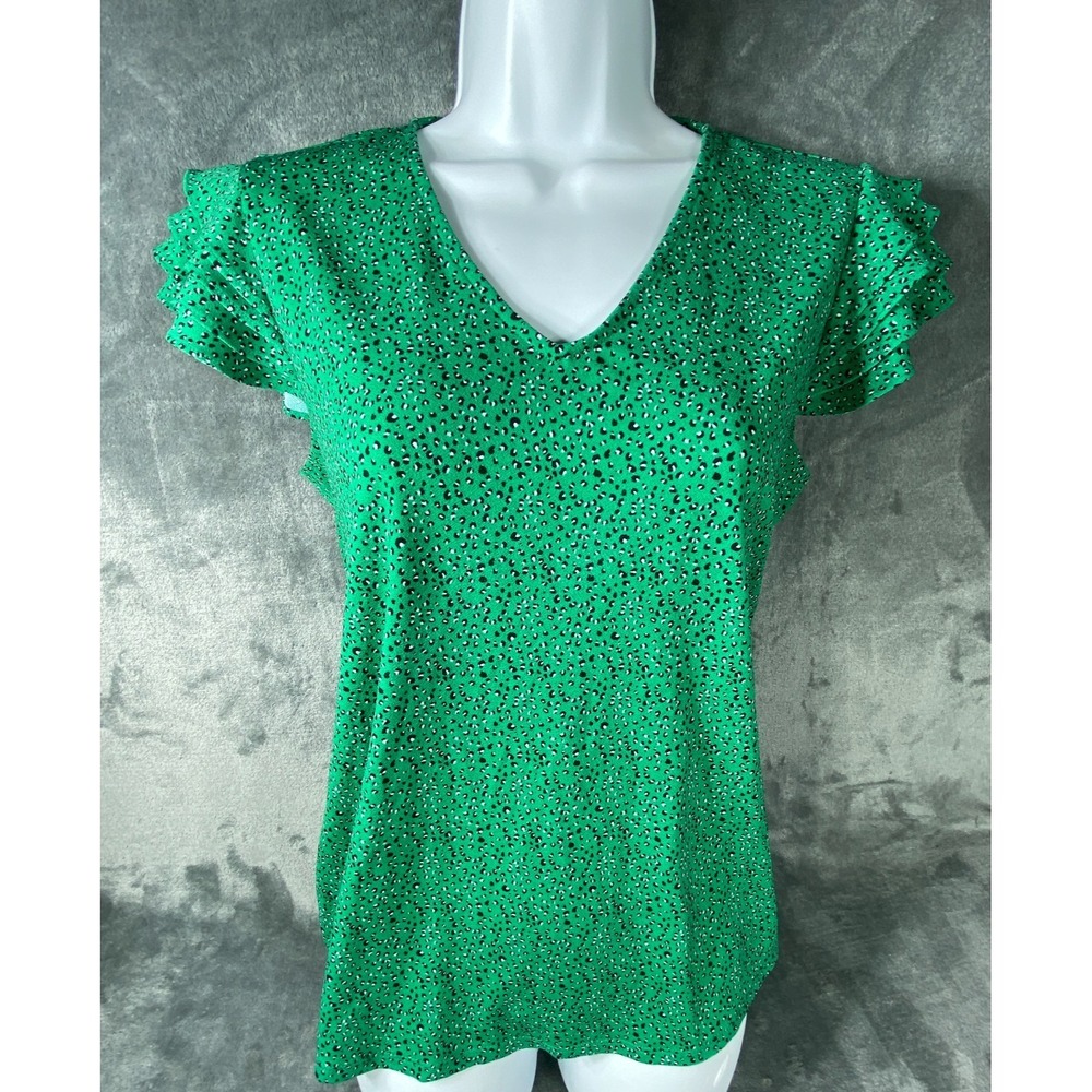 Adrianna Papell Blouse Small Green Abstract Geometric Print Stretch Knit Marble